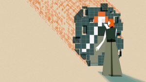Illustration einer Person, die in eine Art Spiegel schaut, wo sie in sehr groben Pixeln zu sehen ist. Hinter dem Spiegel sind sehr viele Nullen und Einsen zu sehen.