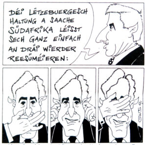 Cartoon, der die luxemburgische Haltung zu Südafrika mit den drei Affen vergleicht.