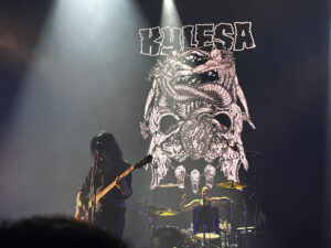 Laura Pleasants, die Sängerin und Gitarristin der Band Kylesa auf der Bühne des Roadburn-Festivals, im Bildhintergrund das Bandlogo.