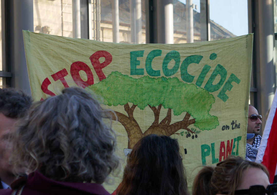 Eine Gruppe von Menschen geht in Luxemburg-Stadt eine Straße entlang, die Abgebildeten halten in den Händen bunte Plakate.