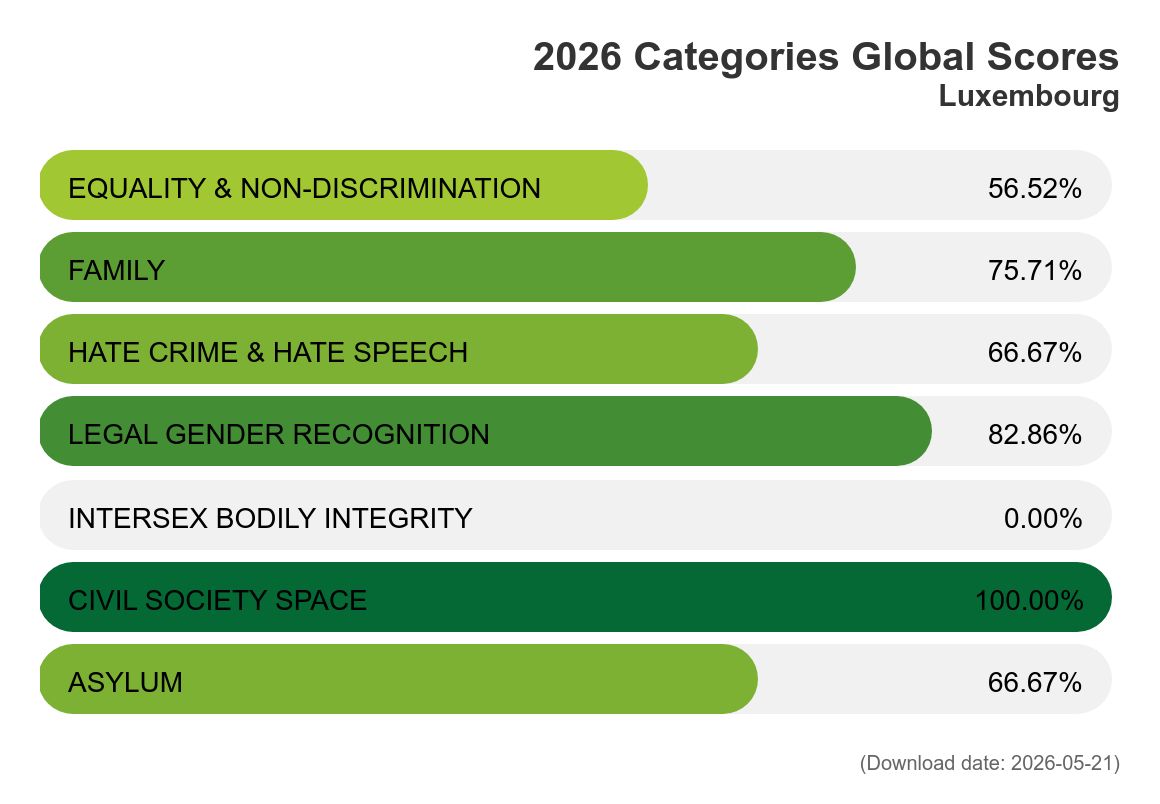 Die Grafik zeigt die sieben Kategorien der ILGA-Europe mit 0% bei der Kategorie „Intersex bodily integrity“.