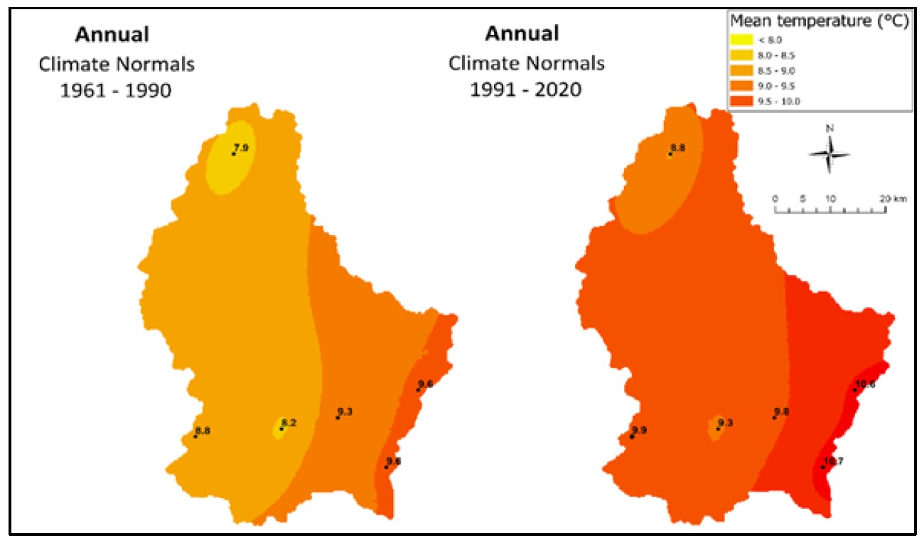 Zwei Karten von Luxemburg zeigen den Temperaturunterschied zwischen den vergangenen Jahrzehnten, wobei die rechts viel dunkler ist.