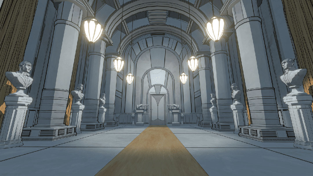 Screenshot des Spiels Blue Prince. Zu sehen ist eine opulente Halle, gesäumt von Säulen und Büsten. Zwei Hände aus Marmor zeigen auf den einzigen Ausgang.