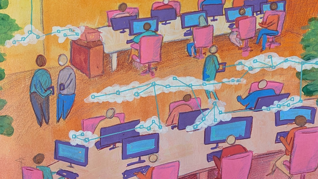 Ein farbenfrohes Büro, in dem unterschiedlichste Menschen arbeiten. Auf Schreibtischen sind Computerbildschirme zu sehen, deren Vernetzung symbolhaft über schwebende Wolken und miteinander verbundene Linien dargestellt ist. Das Bild soll die digitale Vernetzung am Arbeitsplatz darstellen und wurde mit Gouache und Bleistift gemalt.