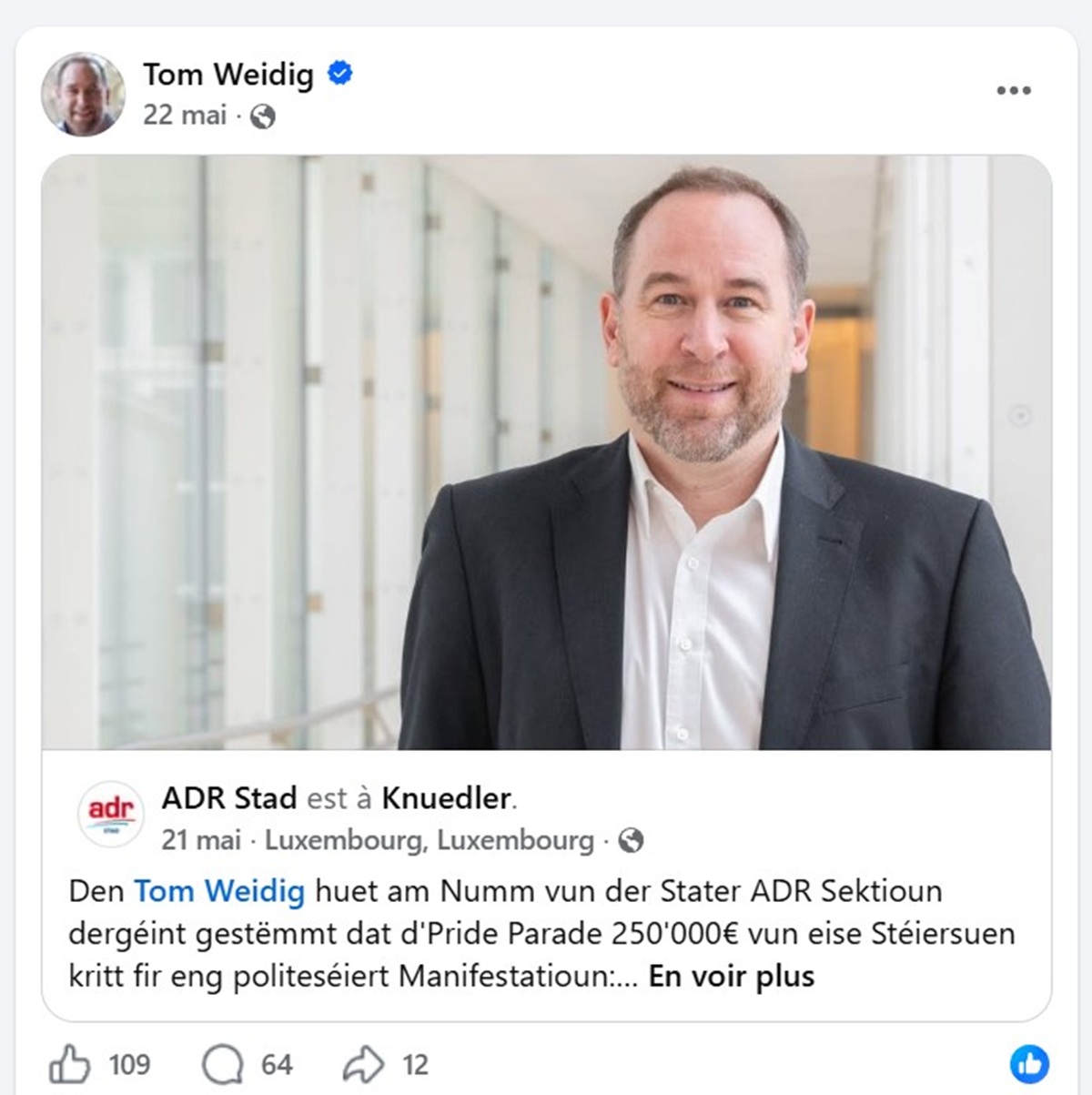 Post Facebook de Tom Weidig sur le subventionnement de la Pride 2026.