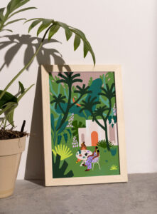Une affiche colorée de deux femmes assises dans une jungle, devant une maison. 