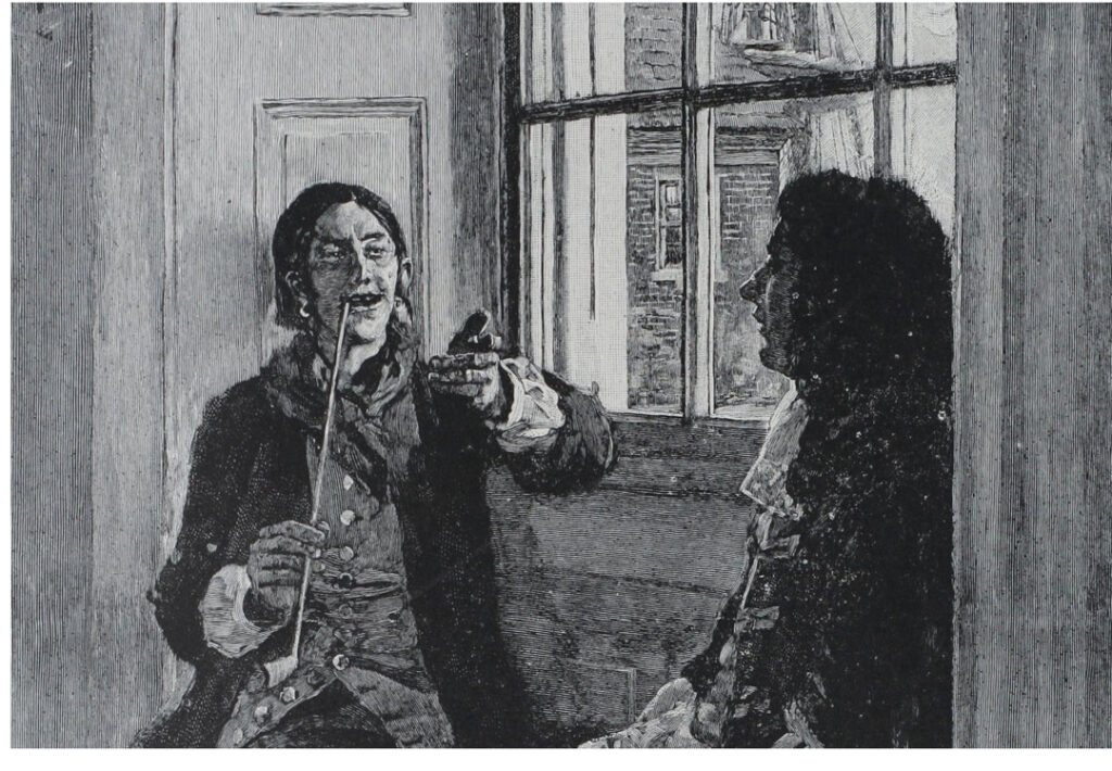 Le capitaine pirate Thomas Tew en conversation avec le gouverneur Fletcher de New York, dans une illustration parue dans le Harper’s Magazine en 1894.