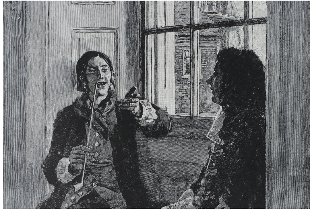 Le capitaine pirate Thomas Tew en conversation avec le gouverneur Fletcher de New York, dans une illustration parue dans le Harper’s Magazine en 1894. 