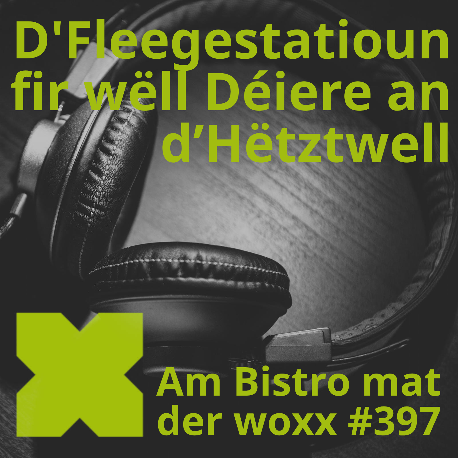 Logo vum Podcast Am Bistro mat der woxx: een Kopfhörer. Doriwwer steet a grénger Schrëft: D'Fleegestatiuoun fir wëll Déiere an d'Hëtztwelll. Een Text informéiert ausserdem, datt et d'Episod Nr. 397 ass.