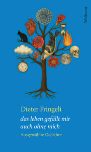 Buchcover mit einem Baum, an dem verschiedene Gegenstände an den Ästen wie Blätter hängen: Blumen, eine Wolke, eine Katze, ein Totenschädel, ein Mond, Uhren, ein Vogel und ein Feuer.