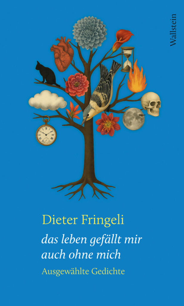 Buchcover mit einem Baum, an dem verschiedene Gegenstände an den Ästen wie Blätter hängen: Blumen, eine Wolke, eine Katze, ein Totenschädel, ein Mond, Uhren, ein Vogel und ein Feuer.