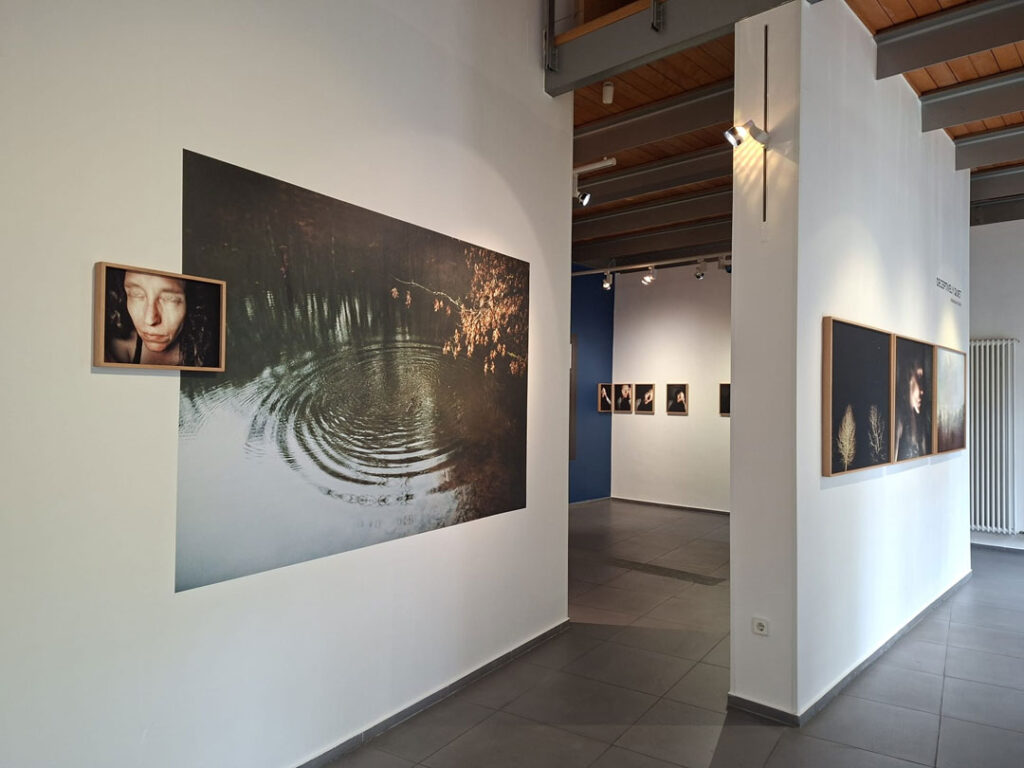 Ausstellungsraum im Kunstzentrum Dominique Lang mit mehreren Zwischenwänden, an denen Bilder hängen.