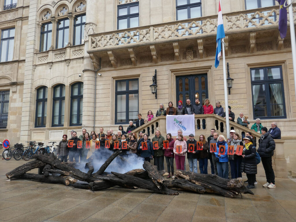 Eine Gruppe von rund fünfzig Menschen stehen vor dem Parlament in Luxemburg-Stadt, hinter verkohlten Baumstämmen aus denen Rauch emporsteigt. Sie halten je einen Buchstaben in der Hand, die zusammen „Climate Action Now!“ ergeben.