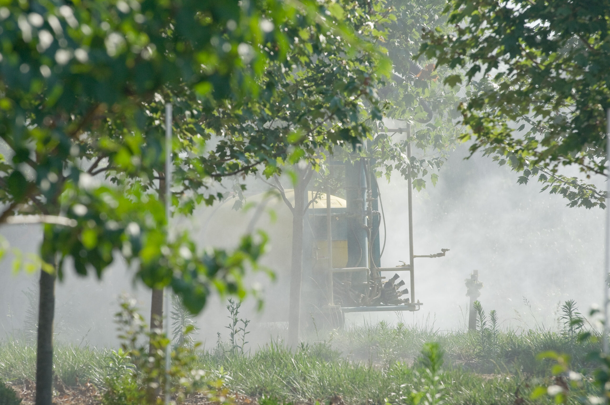 Un champ est traité aux pesticides.